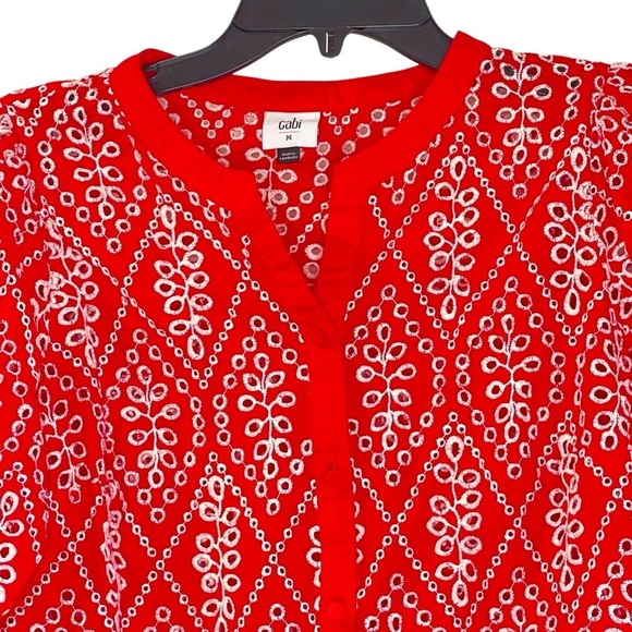 CAbi Lyric Red White Eyelet Embroidered Puff Sleeve Top Blouse Size M 6203 - Picture 5 of 15